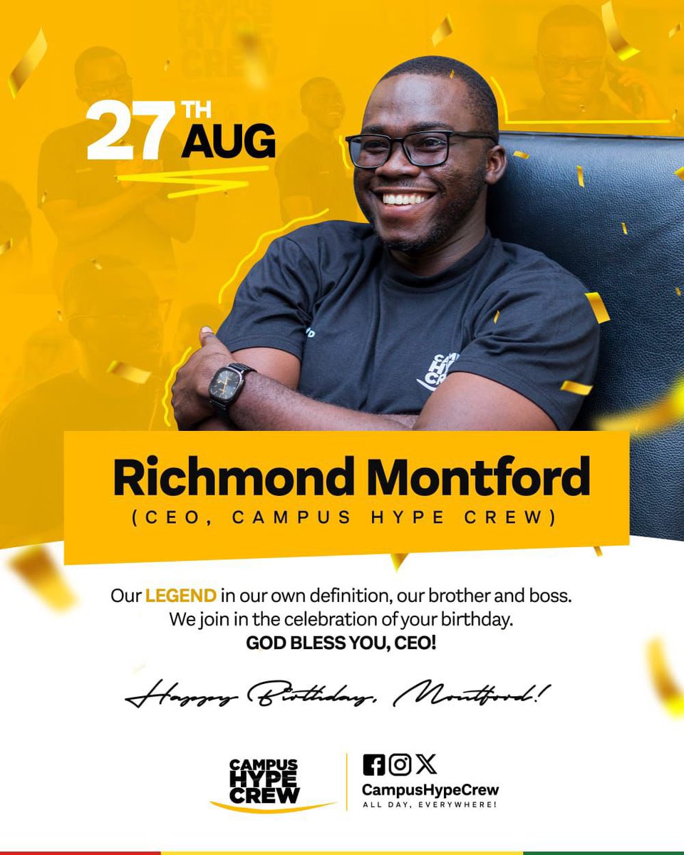 It’s our CEO’s Day! 

We celebrate the man who makes it all happen at Campus Hype Crew.

CHC is louder, prouder, and stronger because of you. Enjoy your day, boss🎉.

#CampusHypeCrew🇬🇭 #ThankYouMontford