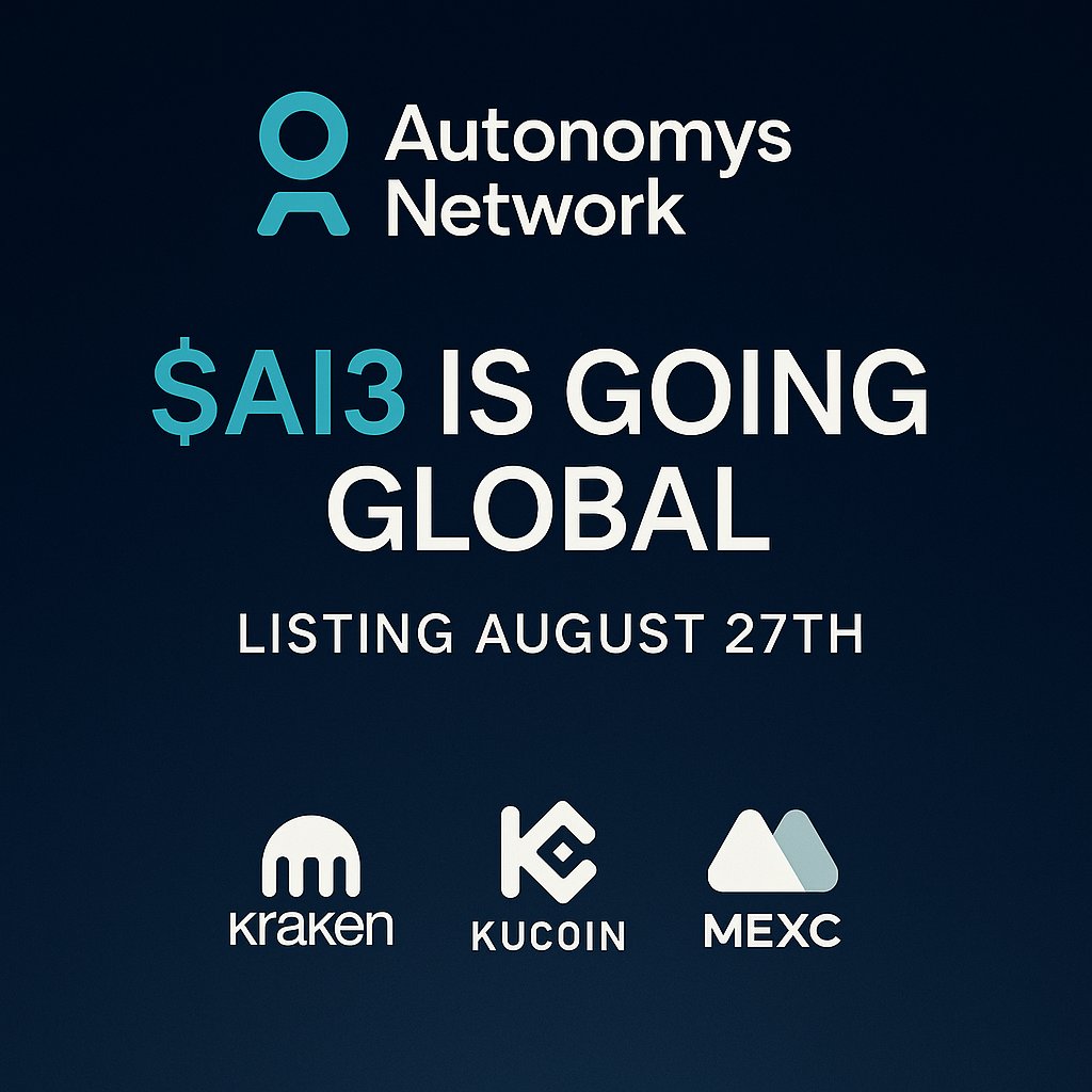 Ormosh97's tweet photo. 🌐 Big milestone for @AutonomysNet

$AI3 is going GLOBAL 🚀
On Aug 27th, 14:00 UTC, $AI3 will be listed on:
✅ Kraken ($AI3/USD)
✅ KuCoin ($AI3/USDT)
✅ MEXC ($AI3/USDT)

This marks the start of Phase-2:
• Native transfers live
• Domains unlocked (starting with Auto EVM)
• Global access & institutional liquidity

Decentralized AI infrastructure is going mainstream