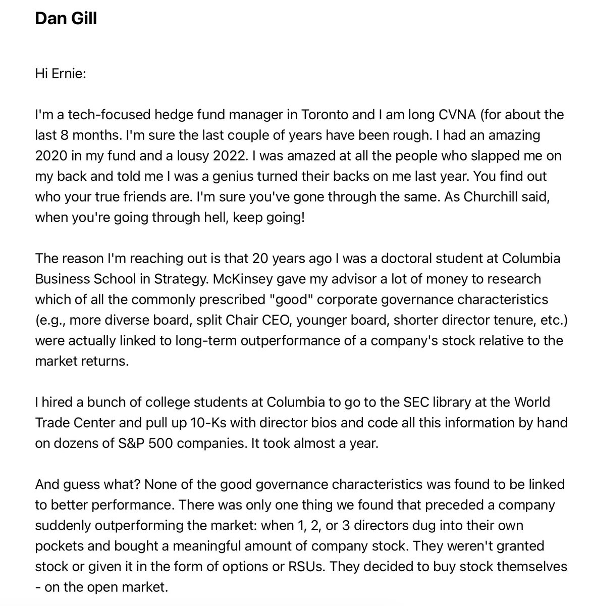 ericjackson's tweet image. On Feb 28, 2023, with Carvana at $9.42 (after bottoming at $3.50), I emailed Ernie Garcia Jr. 
He kindly wrote back. 
A few weeks ago, it hit $413. 
$CVNA was just as special at $3.50 &amp;amp; $9.42 as it is now.
 Like all of us.