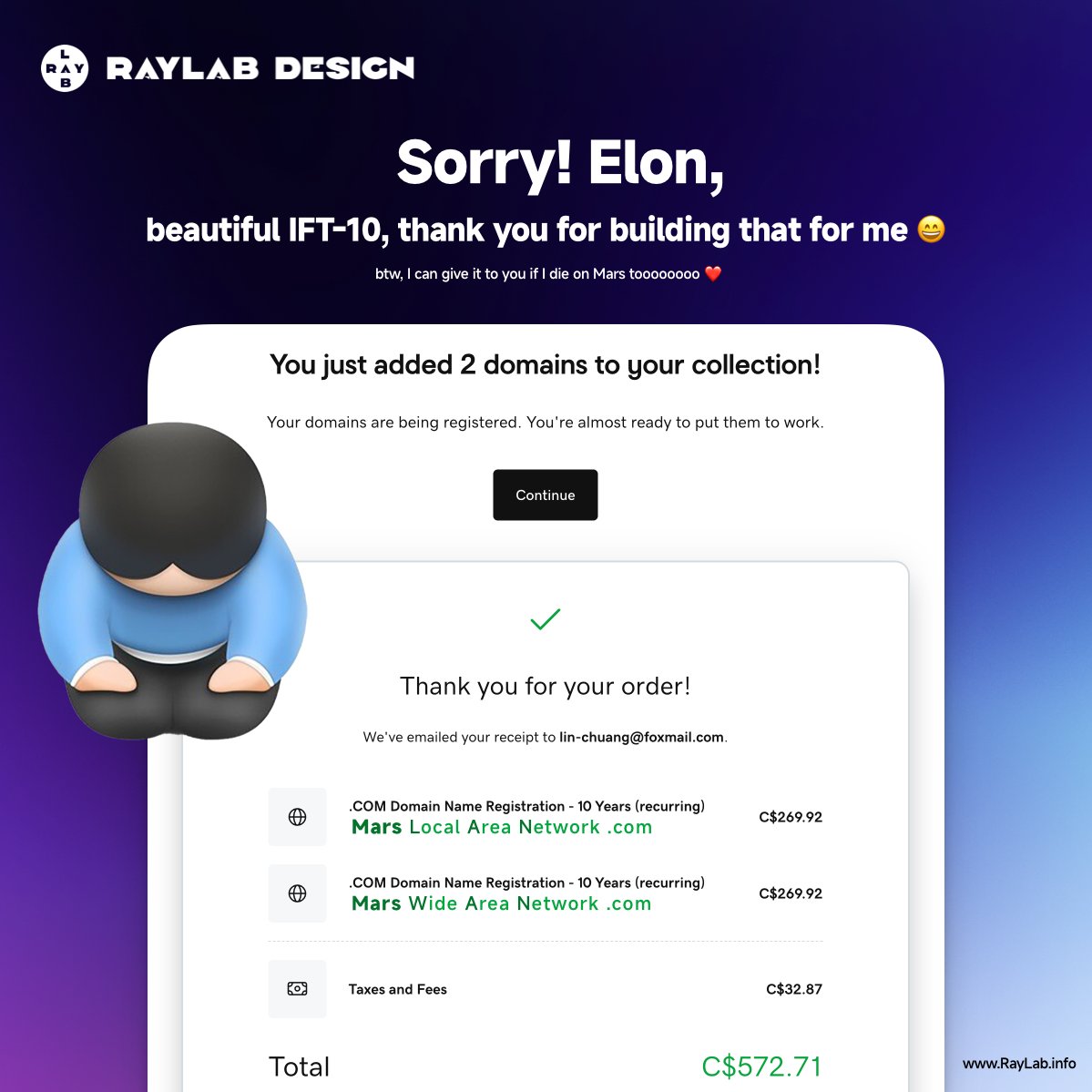 RealRaymondLin's tweet image. #RayStar Sorry! Elon, beautiful IFT-10, thank you for building that for me 😄, btw, I can give it to you if I die on Mars toooooooo ❤️

MarsLocalAreaNetwork.com
MarsWideAreaNetwork.com