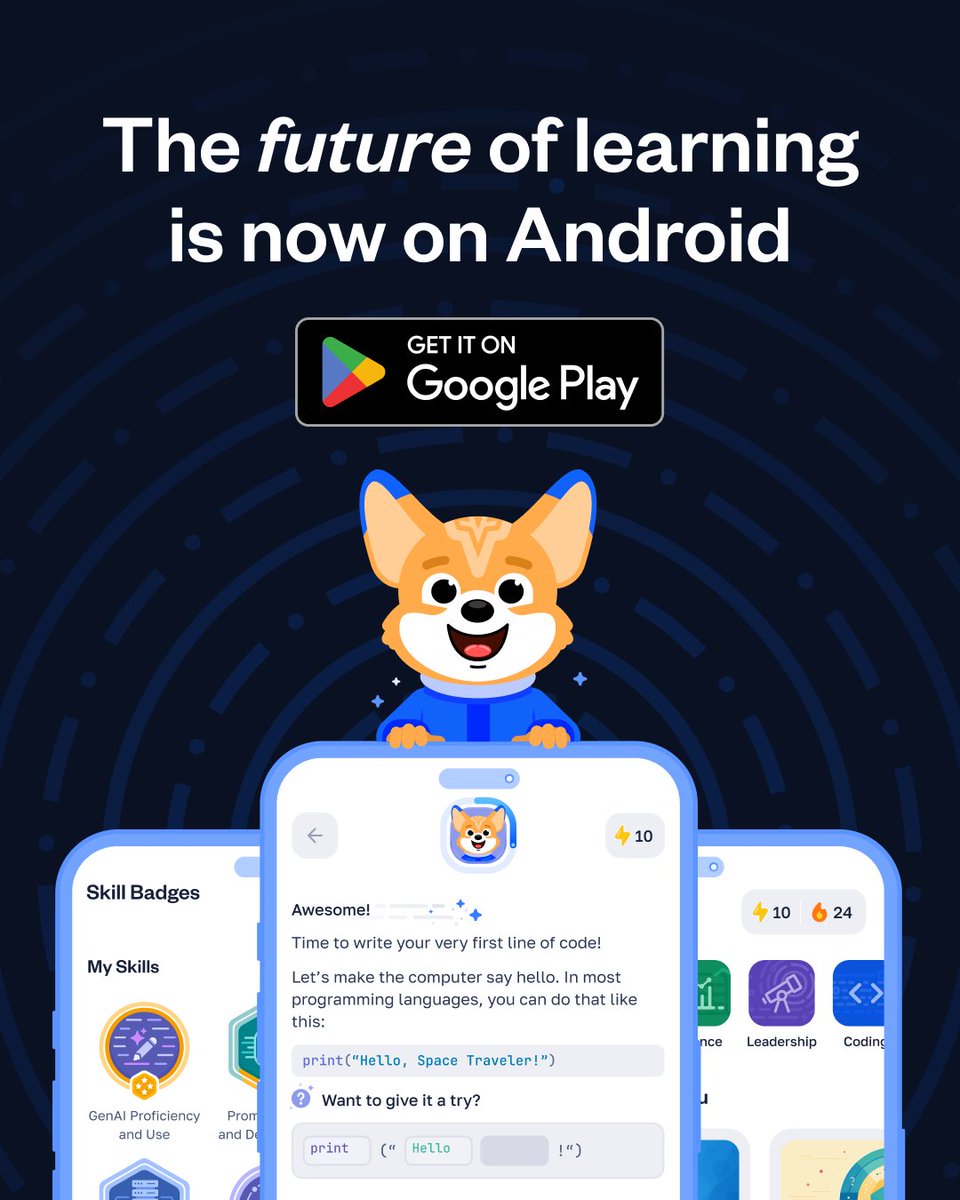 CodeSignalCom's tweet image. Calling all Android users, Cosmo is now on Google Play! Start your learning journey with Cosmo 💫
