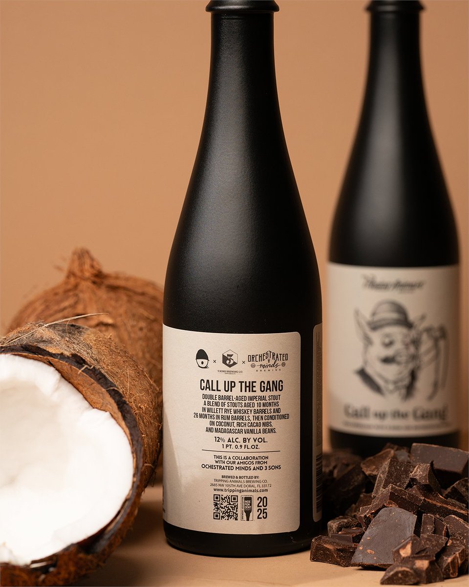 CALL UP THE GANG 📞
12% Double Barrel-Aged Imperial Stout collab w/ <a href="/3sonsbrewingco/">3 Sons Brewing Co.</a> + @orchestratedmindsbrewing.
Aged 10mo in Willett Rye + 26mo in Rum, conditioned w/ coconut, cacao &amp; vanilla.
🔊 Drops Fri 8/29 on <a href="/get_oznr/">Oznr</a> | Bottles at Doral &amp; OP
#StayTrippy