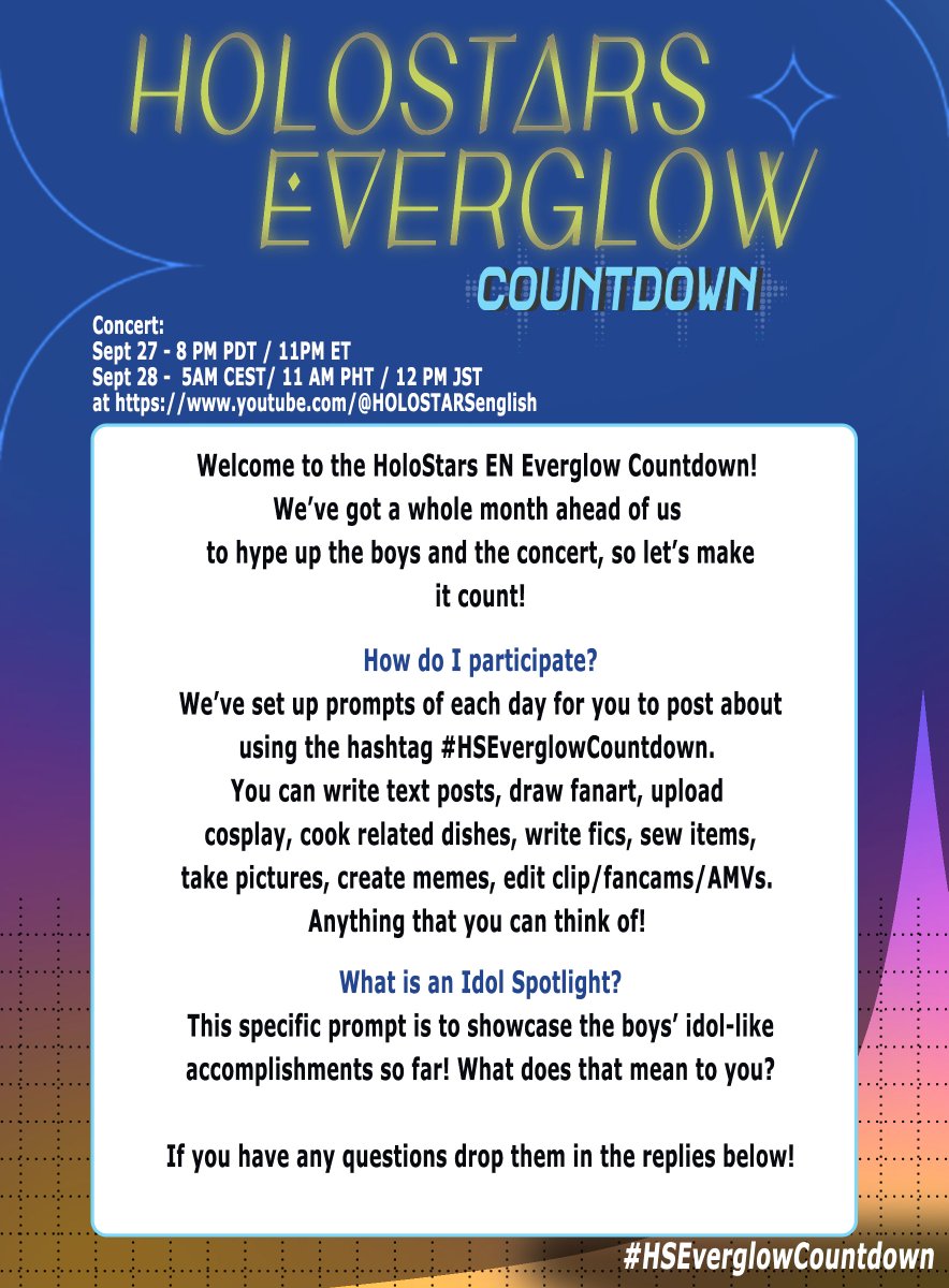 The Holostars Everglow Countdown is here! To all Tempura, Armada and Starmin who want to join in please read the details below!

Make sure to use the hashtag #HSEverglowCountdown when posting anything related to the countdown!

Have fun!

#HSEverglow