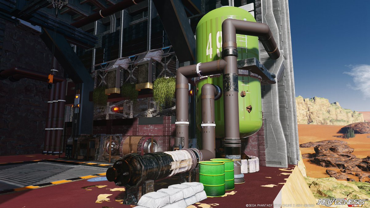 #PSO2AEC 
#クリエイティブスペース
ほんのり古いオイルの匂いが漂ってきた感じか。
今回作成しているのは、いつもの大型格納庫ではなく、寂れたAEC用パーツのジャンクショップみたいなものをつくるつもりでおります。