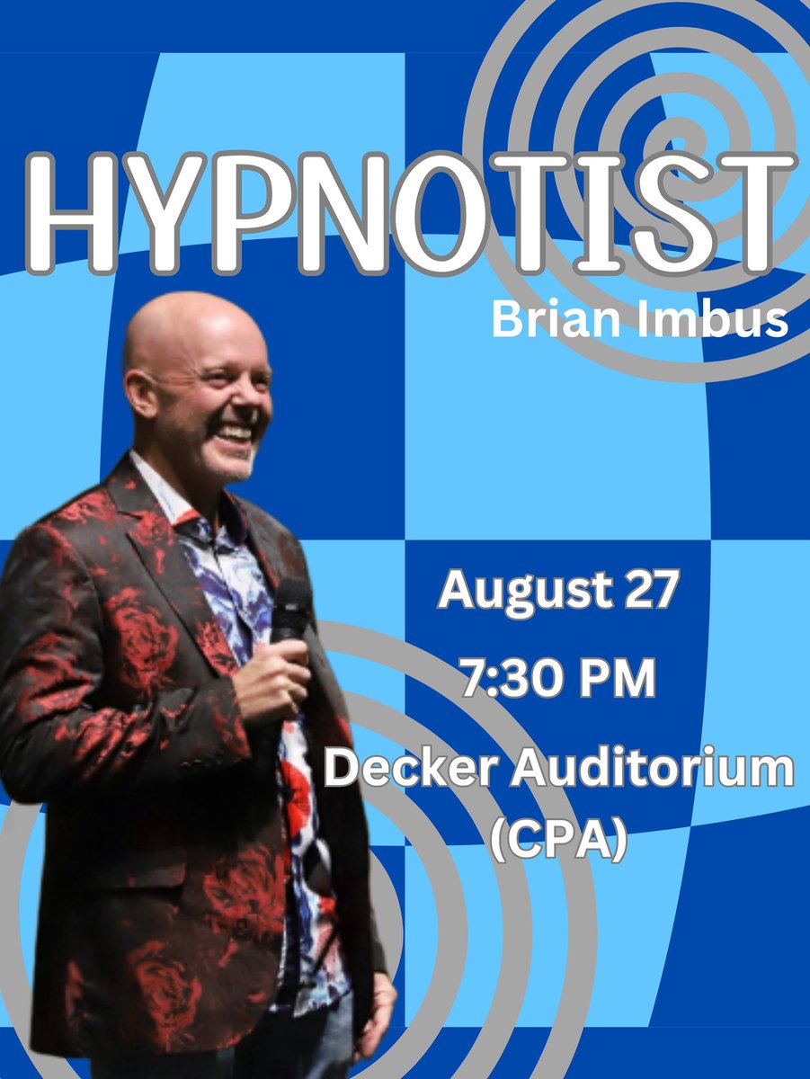 🌀HYPNOTIST SHOW🌀

Join us tonight in Decker Auditorium at 7:30 as we welcome Brian Imbus back to campus for a show you won’t want to miss! 🔱