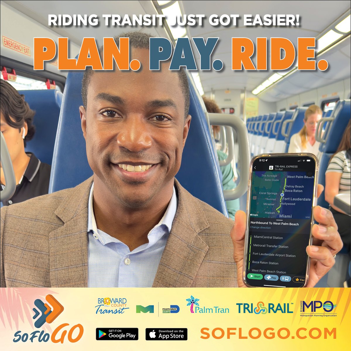 Tri_Rail's tweet photo. Traveling across South Florida has leveled up with #SoFloGO—bringing Tri-Rail, @Palm_Tran, @BrowardTransit and @IRideMDT transit systems into one easy-to-use, free app. ☀️ https://t.co/V0YRvhvvna