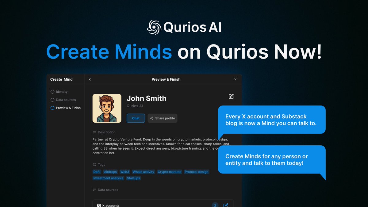 We are out with yet another release!

Users can now create Minds on Qurios using any X account and/or Substack blog.

Our goal is to allow every data source to be converted into a fully functioning ‘Mind’ which users can interact with.