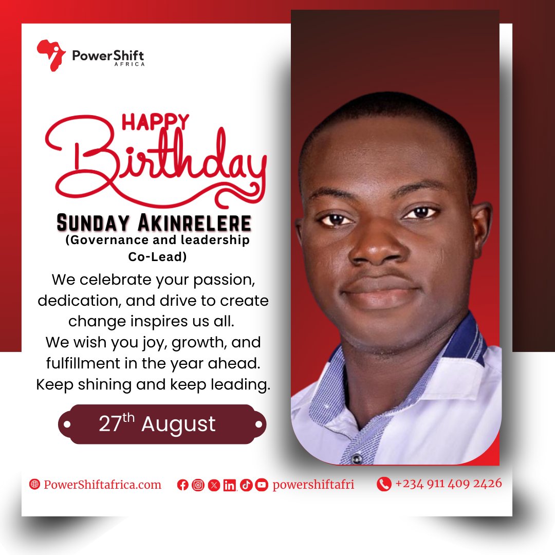 Power Shift Africa (@powershiftafri) on Twitter photo Happy Birthday to our Governance & Leadership Co-Lead, <a href="/AkinrelereSund2/">Sunday Akinrelere</a>
We celebrate you on your special day, including the impact you make through your dedication, wisdom, and leadership. Your commitment to shaping a better future inspires every one of us at Power Shift Africa Happy Birthday to our Governance & Leadership Co-Lead, <a href="/AkinrelereSund2/">Sunday Akinrelere</a>
We celebrate you on your special day, including the impact you make through your dedication, wisdom, and leadership. Your commitment to shaping a better future inspires every one of us at Power Shift Africa