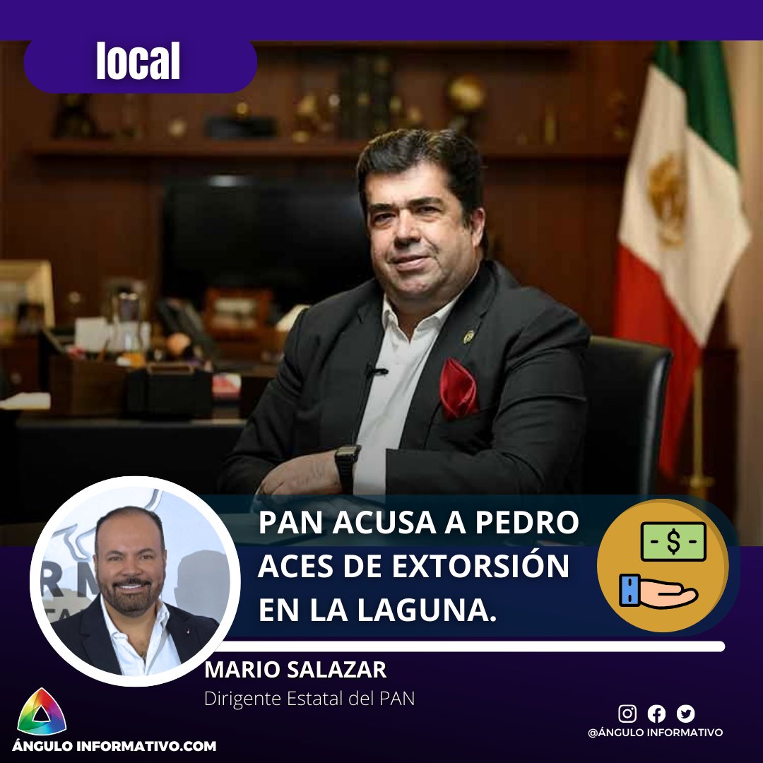 Ángulo Informativo (@anguloinforma) on Twitter photo ⚠ <a href="/mario14sm/">Mario Salazar Madera</a> arremete contra Morena 🐂
El líder estatal del #PAN pidió que “tomen el toro por los cuernos” ante las denuncias contra la #CATEM en La Laguna. Acusó al morenista <a href="/PedrohacesO/">Pedro Haces</a> de extorsionar empresas y exigió que enfrente la justicia ⚖.
#Durango #LaLaguna ⚠ <a href="/mario14sm/">Mario Salazar Madera</a> arremete contra Morena 🐂
El líder estatal del #PAN pidió que “tomen el toro por los cuernos” ante las denuncias contra la #CATEM en La Laguna. Acusó al morenista <a href="/PedrohacesO/">Pedro Haces</a> de extorsionar empresas y exigió que enfrente la justicia ⚖.
#Durango #LaLaguna