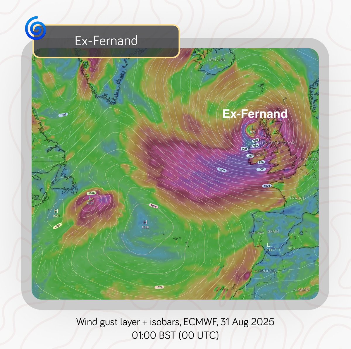 Windycom's tweet photo. 🌪️ Two storms in a row for Western Europe: Ex #Erin & Ex #Fernand

📍 Ex Erin: Wednesday, Aug 27 Currently between Ireland & Iceland, drifting SE. 
Thursday to Friday: brings windy, unsettled weather to Ireland, UK, France, Portugal, N. Spain & Benelux. 
🌊 Waves ~4 m along Atlantic coasts.

📍 Ex Fernand: Saturday into early next week. 
 After crossing the Atlantic, it will rapidly deepen north of the jet stream. Brings another round of strong winds, unsettled weather & high waves to the same regions.

⚠️ A stormy stretch ahead for Western Europe. 

#HurricaneSeason25 #Windy #Hurricane #Windy