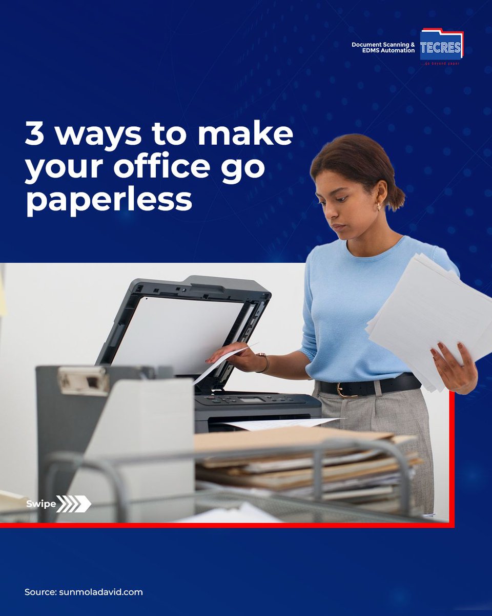 JuliusMacaulay's tweet image. Going paperless is a game-changer for productivity and cost savings! 

From scanning solutions to automated workflows, we've got the roadmap to help you ditch the paper trail for good. 

Ready to transform your workspace? Contact us today.

#PaperlessOffice #TecresTechnologies