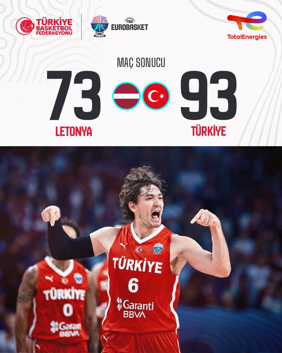 RİGA’DA KAZANARAK BAŞLIYORUZ!

Ay-Yıldızlılarımız, FIBA 2025 Avrupa Şampiyonası A Grubu ilk maçında ev sahibi Letonya'yı 93-73’lük skorla mağlup ederek turnuvaya galibiyetle başlıyor. 💪

🇱🇻 Letonya 73-93 Türkiye 🇹🇷

<a href="/te_istasyonlari/">TotalEnergies İstasyonları</a> 

#BuYolculukHepimizin #EuroBasket