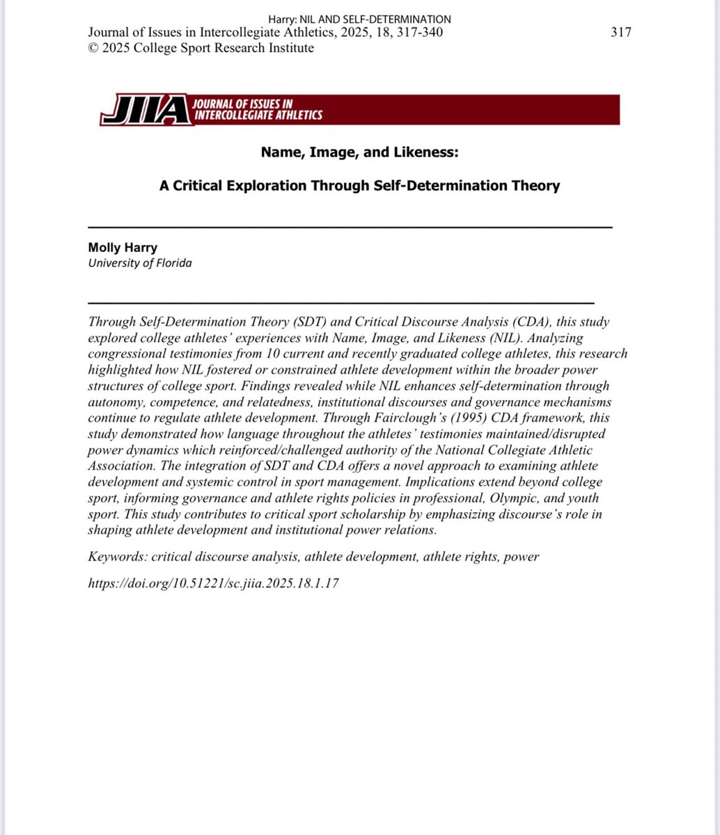 It’s time to change the narratives around NIL. NIL is about more than financial gain—it can also be an avenue for personal development. Check out my newest publication in <a href="/JIIAJournal/">JIIA</a> where I apply self-determination theory to athletes’ NIL experiences. 

scholarcommons.sc.edu/jiia/vol18/iss…