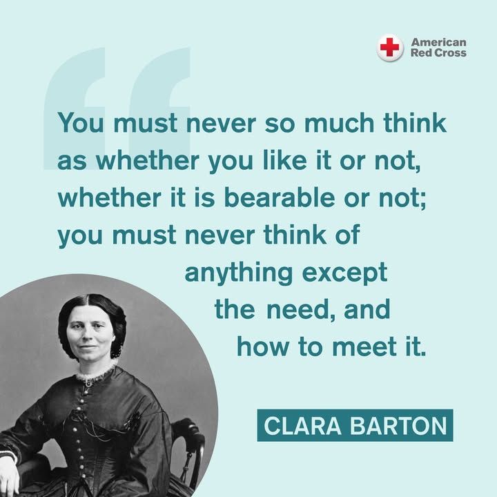 "... Never think of anything except the need, an how to meet it."
#WednesdayWisdom from our founder, Clara Barton. rdcrss.org/2ZaBiSo
Learn more about our mission -- and how you can help @ redcross.org.