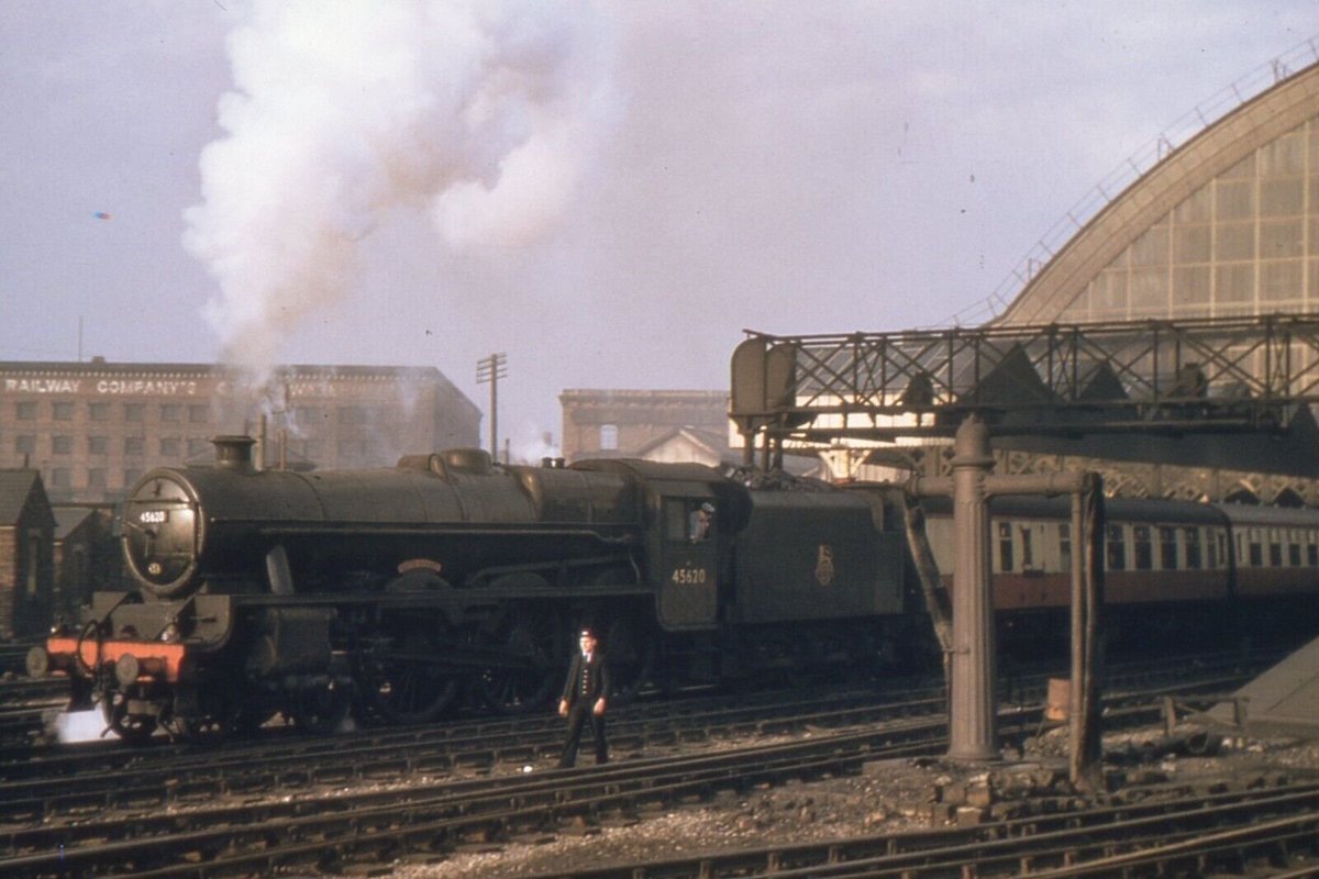 With Fowler's train shed &amp; the GNR goods warehouse battling to be the most imposing structure in the background, Jubilee 45620 North Borneo sets out from Manchester Central on an up express in 1954. It was reallocated to 17B Burton Shed from Nottingham in November 1961 for a 4F.
