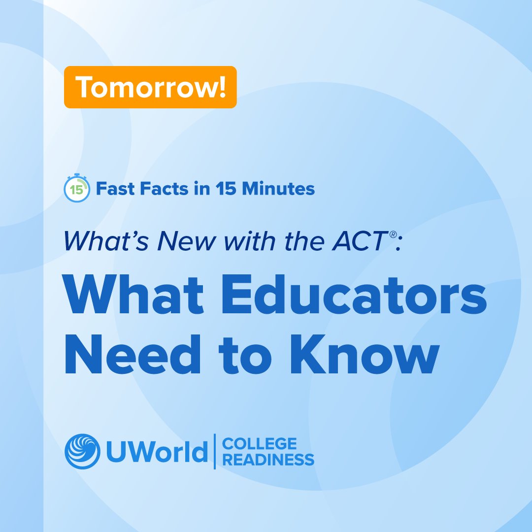 Our 15-minute webinar about big changes coming to the ACT®  is at 3 p.m. tomorrow.

👉 Register here: bit.ly/3UG0Sf8

If you can’t make the live session, register anyway, and we’ll send you the recording.

#Education #Webinar