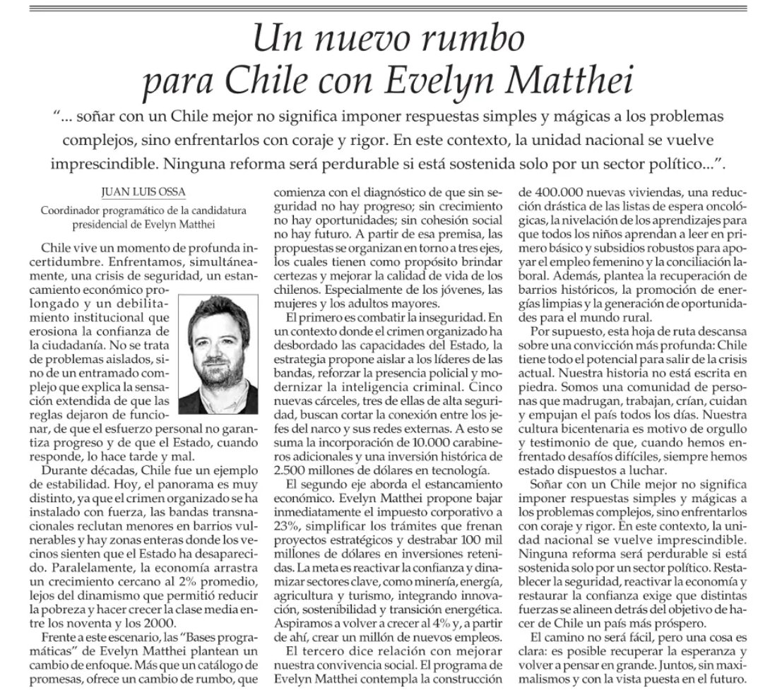 kevinestebancg's tweet image. La única candidatura que ofrece un camino hacia la cohesión social es la de Evelyn Matthei. No solamente tiene equipos técnicos de altísimo nivel para solucionar problemas efectivamente, sino que entiende las condiciones políticas y sociales que harán posible el progreso.