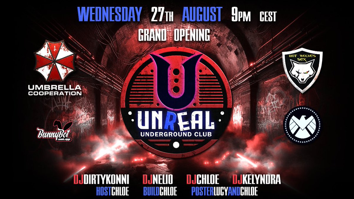 Wed, Aug 27th   9:00 pm  — 1:00 am 
UMBRELLA™ - UNREAL
Hello party people 💋 Come along and celebrate the opening of our new party room with us. Top DJs and a great crew are looking forward to celebrating with you.💋

#TECHNO <a href="/3dxUmbrellaCoop/">UMBRELLA COOPERATION</a> <a href="/3dxchat/">3DXChat</a> #HOTWOLFSSEX #SHIELS #CLUB