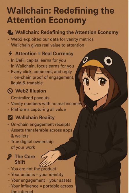 _Pretty_Miraa's tweet photo. 🦆 Wallchain : Redefining the Attention Economy

For too long, Web2 platforms have cashed in on our clicks and data
We got the scraps , likes, follows, empty vanity metrics
That era is ending

@wallchain_xyz  is rewriting the rules

_________________________________________________

⚡ Attention = Real Currency

In DeFi, your capital earns for you
In Wallchain, your focus earns for you
Every click, comment, and reply = on-chain proof of engagement
That engagement is liquid, tradable, and fully yours

_____________________________________________________

🚫 The Web2 Illusion vs ✅ The Wallchain Reality

Web2 "Creator Economy":

❌ Centralized payouts
❌ Vanity numbers that don’t pay bills
❌ Platforms capturing all the value

Wallchain delivers:

✅ On-chain engagement receipts
✅ Assets transferable across apps & wallets
✅ True digital ownership of your work

_____________________________________________________

🔑 The Core Shift

On Wallchain :

You’re not the product
Your actions = your identity
Your engagement = your assets
Your influence = portable across the internet

_____________________________________________________

📌 The Takeaway

Memes, narratives, and communities move markets.
Now, attention itself becomes measurable, ownable, and tradable

👉 The real question:

Will you keep letting platforms monetize your attention?

Or will you own it, trade it, and build with it?

gQuack @wallchain_xyz
Art work : @_RARE_NFT