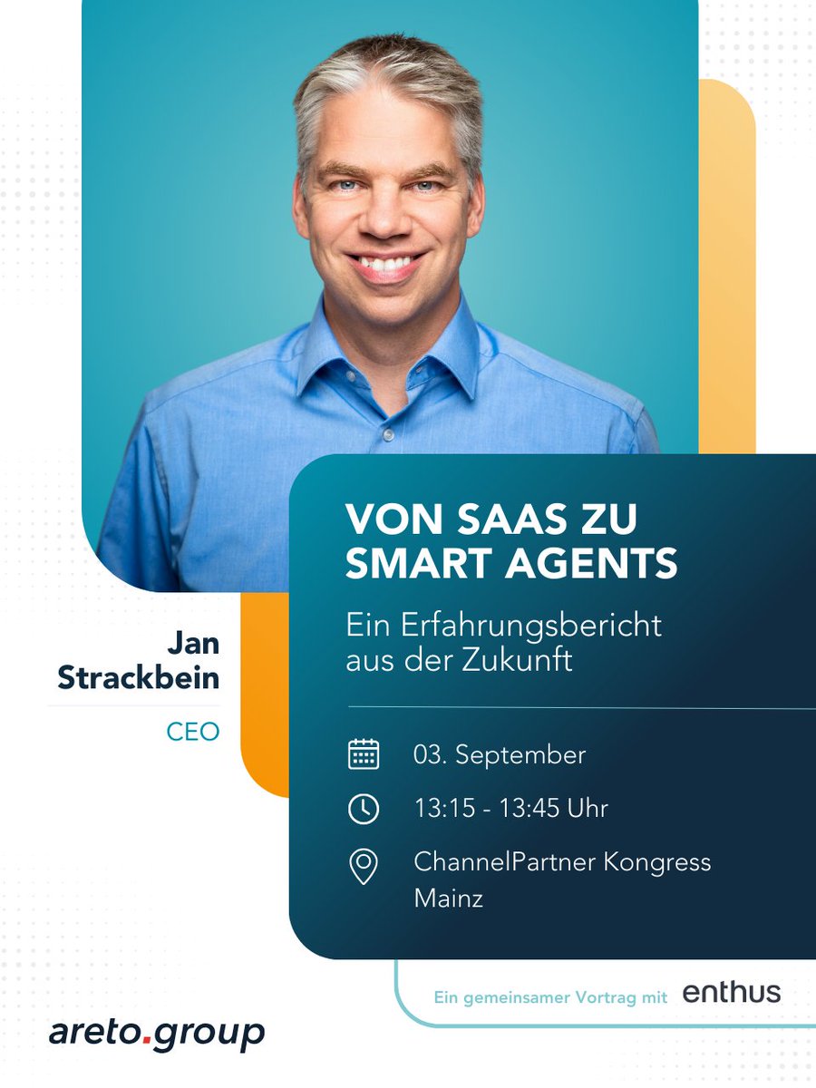 🚀 Am 3.9.2025 sprechen unser CEO Jan Strackbein &amp; Jakob Rinkewitz (enthus) beim ChannelPartner Kongress in Mainz: „Von SaaS zu Smart Agents – ein Erfahrungsbericht aus der Zukunft“.
➡️ Wie KI-Agenten Tools, Sales &amp; CX verändern – und Firmen fit für die Post-SaaS-Ära machen.