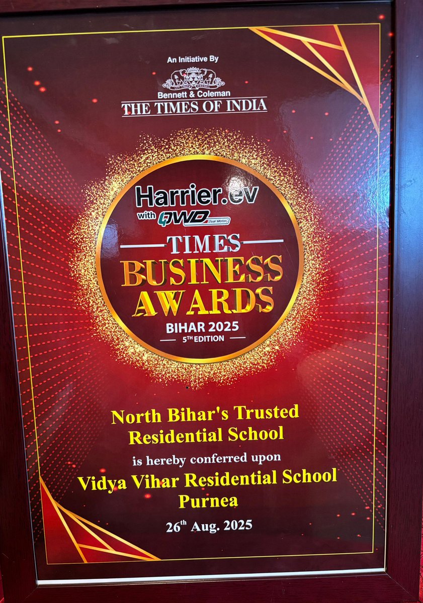 Times Business Awards 2025 – 5th Edition ✨
On 26th August 2025, a proud moment for the entire Vidya Vihar family as Vidya Vihar Residential School was honoured with the North Bihar’s Trusted School Award at Hotel Maurya, Patna.

#TimesBusinessAwards2025 #SunielShetty
#VVRS