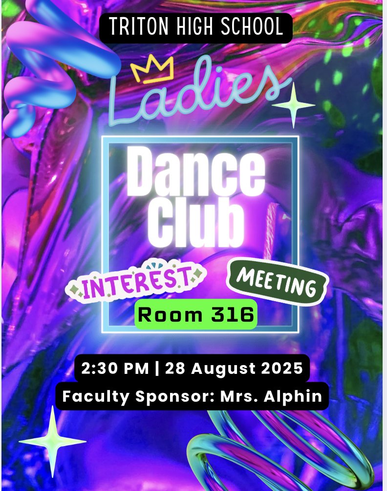 THS Ladies:
Dance Club Interest Meeting
Thursday, Aug. 28th <a href="/2/">A 2-loop</a>:30PM in Room 316
Faculty Sponsor: Mrs. Alphin