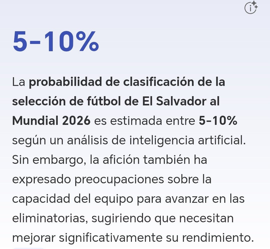 Gusflores21's tweet photo. Porcentaje de clasificación de El Salvador al mundial según IA.

📍Grok: 10 a 15%
📍Meta AI: 5 a 10%
📍Gemini: Sin porcentaje ("difícil, no imposible")

¿Alguna más? https://t.co/1ehsLOh0y3
