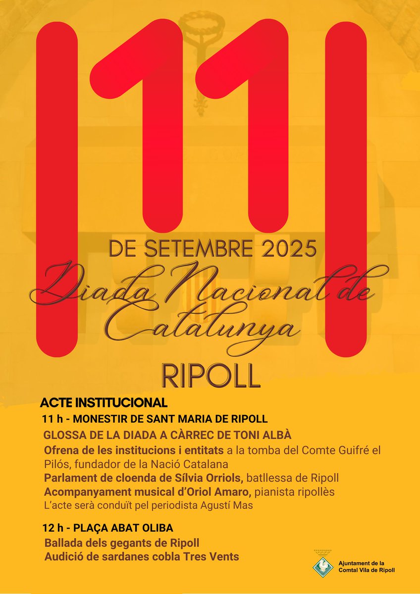 Sabeu qui farà la glossa de la Diada a Ripoll?

Sí, en <a href="/tonialba/">TONI ALBÀ ||*||</a>!

Us guardem lloc, govern d'Aragó?

Aquest 11 de setembre, tothom cap al Bressol de Catalunya!

#GovernemRipoll