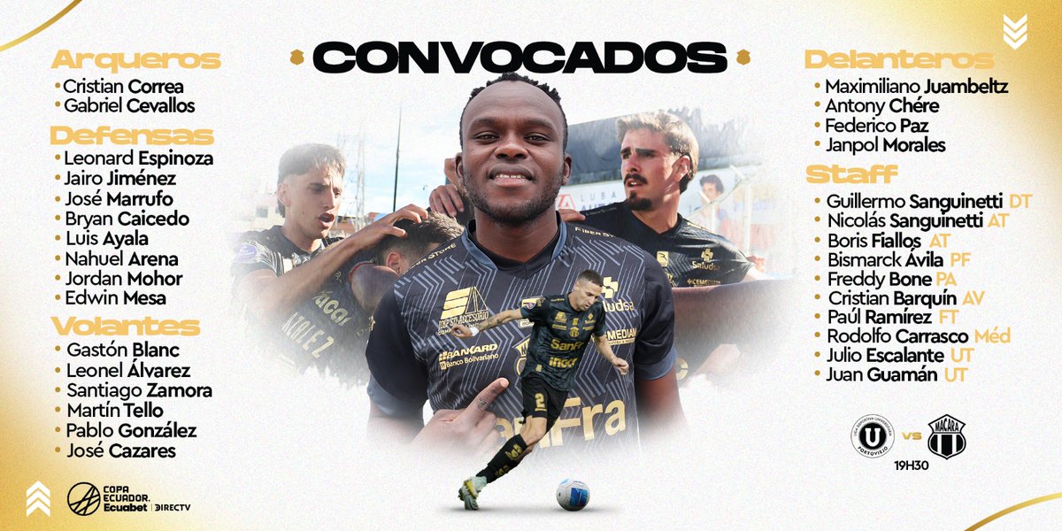 Macara_Oficial's tweet photo. 𝗡𝘂𝗲𝘀𝘁𝗿𝗼𝘀 𝗰𝗼𝗻𝘃𝗼𝗰𝗮𝗱𝗼𝘀 🫡
Esta es la delegación para el partido de esta noche por Copa Ecuador frente a @LDUPoficial ⚽
Vamos Macará 🫂🖤✊🏻
#LosConvocados
#VamosMacará
#LDUPVsMac https://t.co/yDb7iETIXk