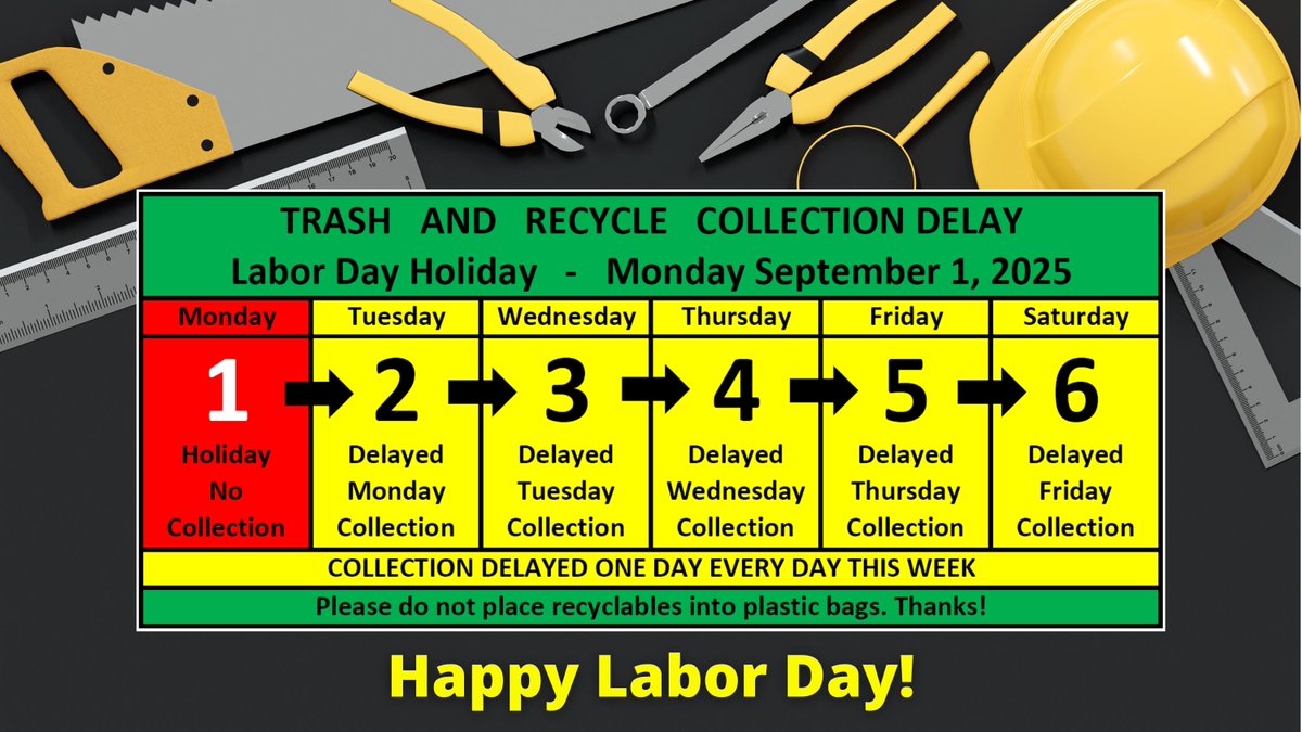 Please remember Billerica, Trash and Recycling will be on a one day delay, every day, during the week of Labor Day.