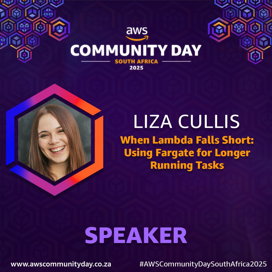 awsugcpt's tweet image. 🎤 Speaker Announcement – AWS Community Day South Africa 2025! 🎤
Liza Cullis is joining us to dive into "When Lambda Falls Short: Using Fargate for Longer Running Tasks" — a session you won't want to miss.
#AWSCommunityDaySouthAfrica2025 #SpeakerDrop #BuildOnAWS