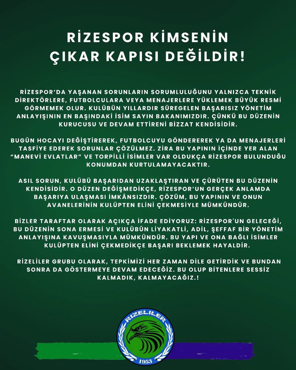 Rizespor Kimsenin Çıkar Kapısı Değildir!