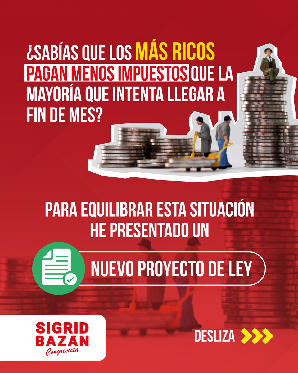 sigridbazan's tweet image. Sabías que los más ricos pagan menos impuestos que la mayoría que lucha para llegar a fin de mes, e incluso buscan maneras de eludirlos. Por ello, he presentado un PL que propone crear un impuesto a los bienes de lujo. 

📌Conoce más aquí: