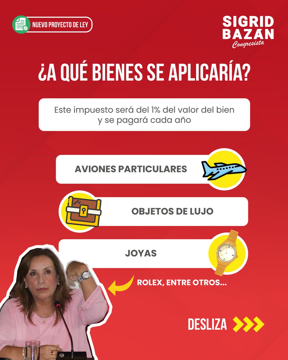 sigridbazan's tweet image. Sabías que los más ricos pagan menos impuestos que la mayoría que lucha para llegar a fin de mes, e incluso buscan maneras de eludirlos. Por ello, he presentado un PL que propone crear un impuesto a los bienes de lujo. 

📌Conoce más aquí: