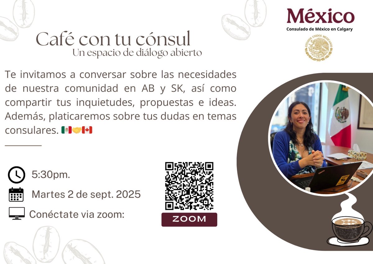 Café con la Cónsul @EvelynVera. Los invitamos a la conversación virtual este 2 de Septiembre. Regístrate con el QR Code anexo. 
<a href="/ConsulMexClg/">Consulmex Calgary</a>