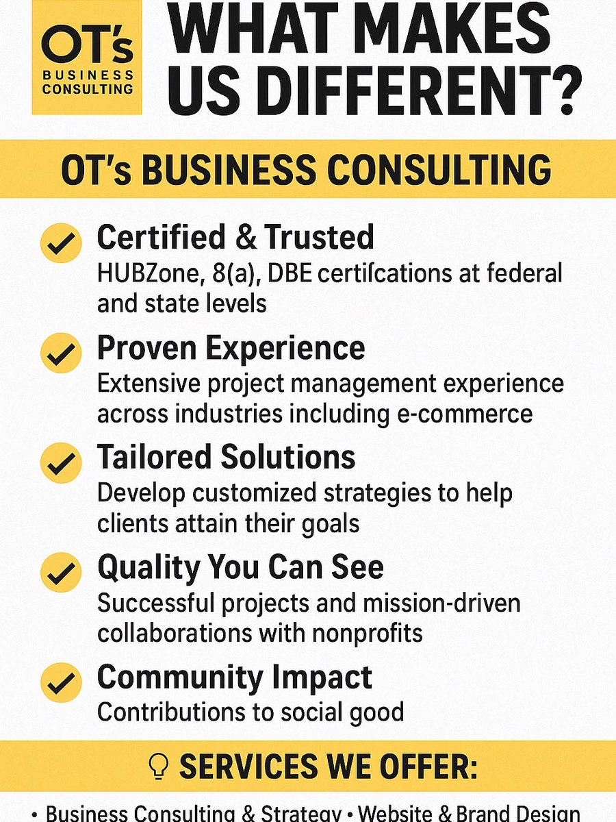 What makes us different:

💡We’re not your average consulting firm.

At OT’s Business Consulting, we keep it simple: real strategies, real results, and real impact.
Go follow <a href="/ConsultingOt/">OT Business Consulting LLC</a>