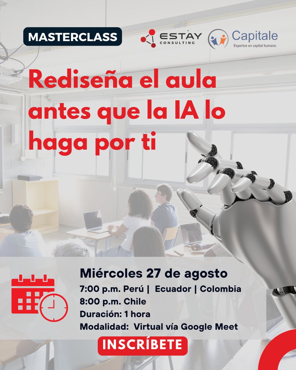 La IA está redefiniendo la educación. ¿Vas a liderar el cambio o a reaccionar ante él? 🤖
Únete a nuestra Masterclass para líderes educativos: Rediseña el aula antes que la IA lo haga por ti.

🗓️ 27 de agosto ⏰ 7pm 🇵🇪🇪🇨🇨🇴 | 8pm 🇨🇱 🔗 Inscríbete aquí: f.mtr.cool/ujhvkgladu