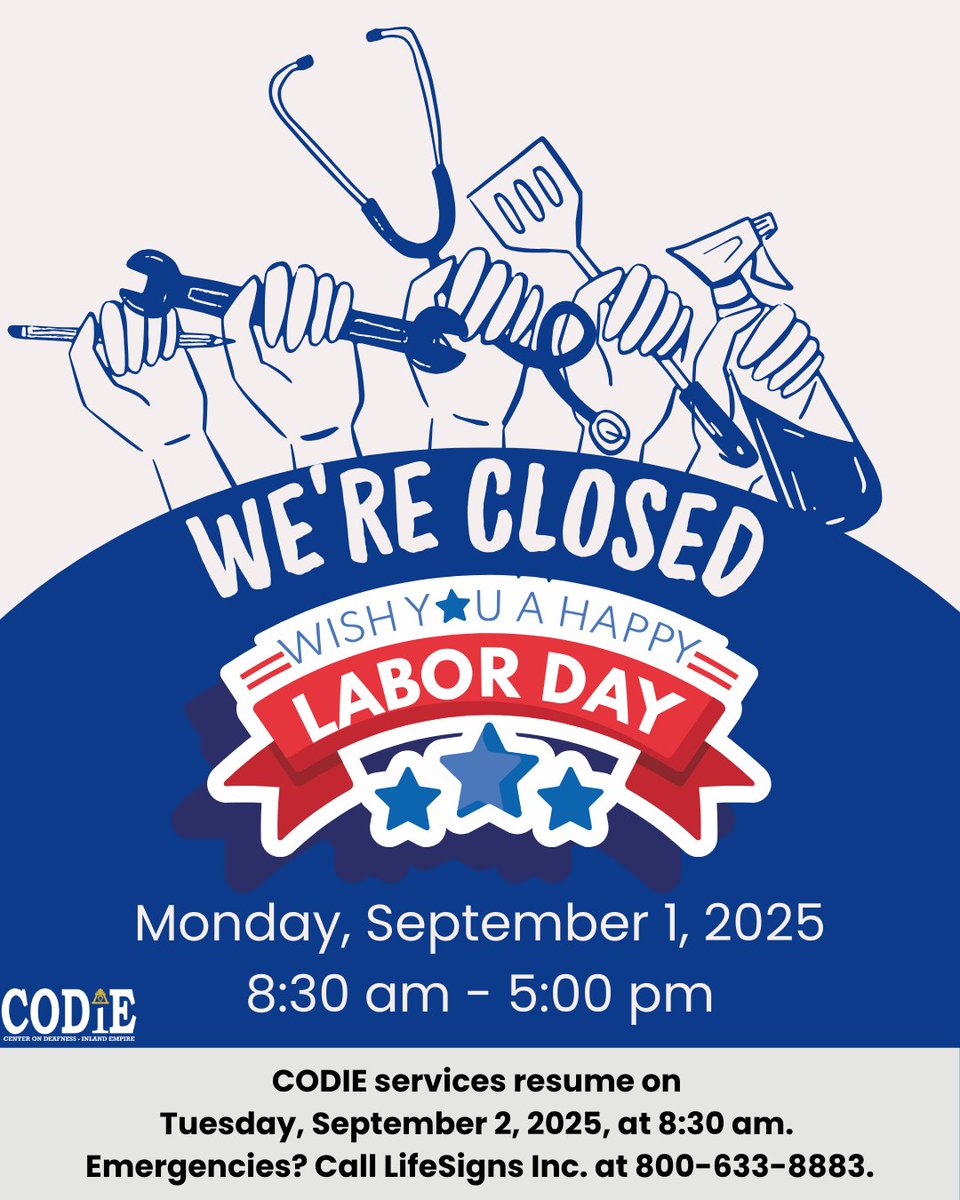 CODIEdeaf's tweet image. CODIE will be closed on Labor Day, September 1, 2025. Services resume Tuesday, September 2, 2025, at 8:30 am. For emergencies, call LifeSigns, Inc at 800-633-8883. Learn more: lifesignsinc.org
#laborday2025 #holiday #codiedeaf