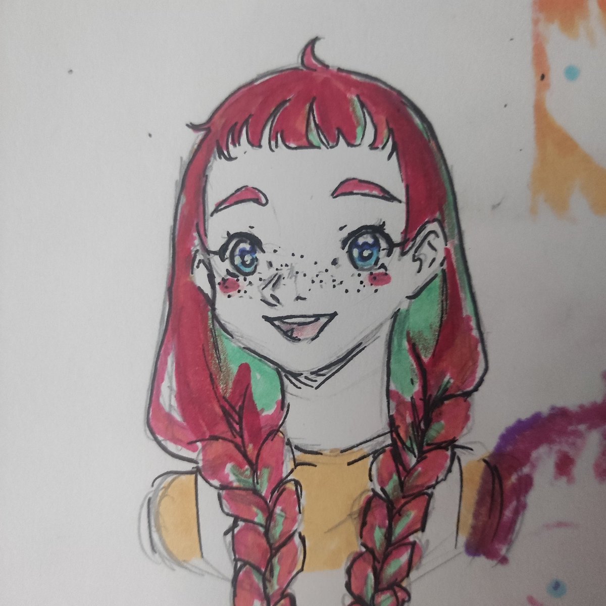 Anne Shirley, la amo, es una delulu como yo.
(Tenia otros dibujos en el otro lado porque estaba probando rotuladores)