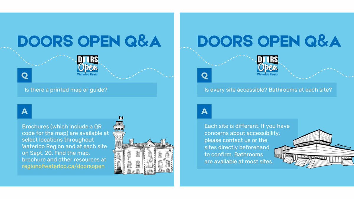 ❓✅ Answers to your Frequently Asked Questions about Doors Open on Sept 20 from 10-4 #dayofdiscovery

Complete event info: bit.ly/424s4pR

#ONHeritage #doorsopen2025 #dayofdiscovery #DoorsOpen #DoorsOpenOntario #DoorsOpenWR
<a href="/RegionWaterloo/">Region of Waterloo</a> <a href="/ONheritage/">Ontario Heritage Trust</a>