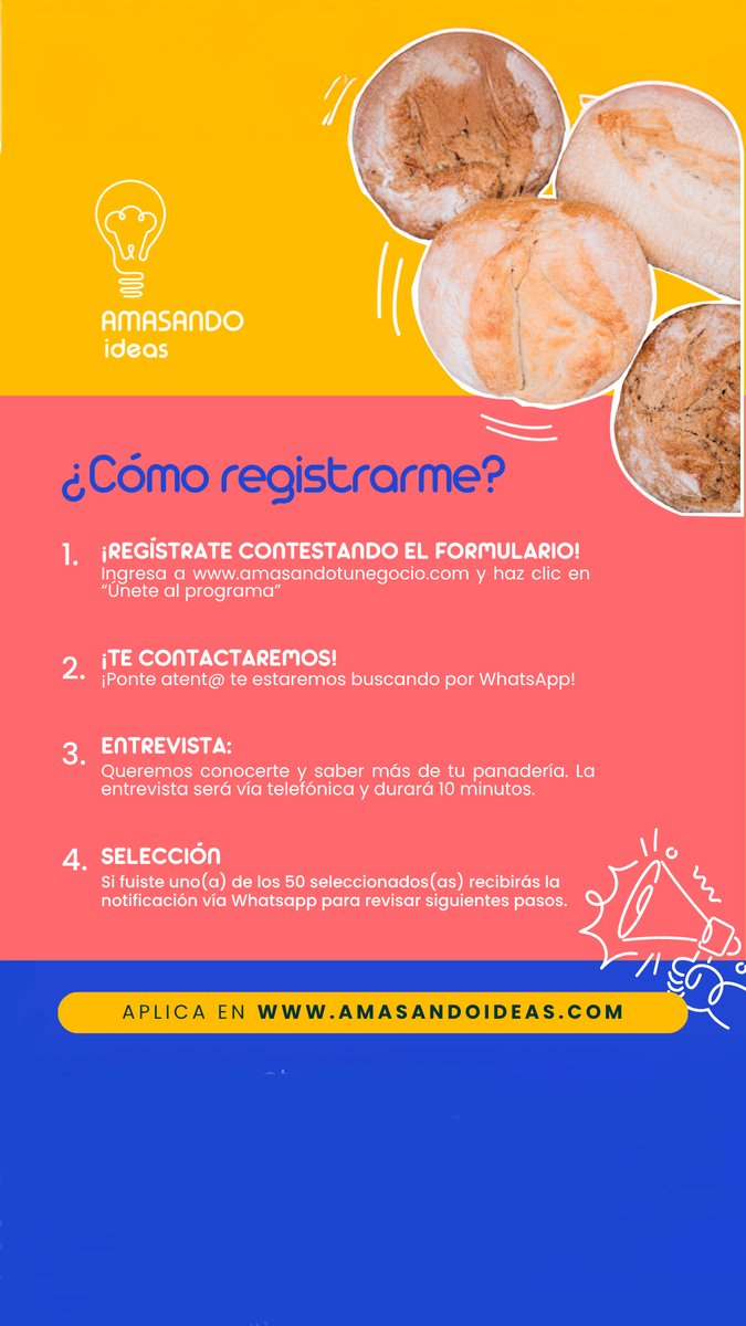 ¡Inscríbete a #AmasandoIdeas y materializa tu sueño de tener una panadería! ¡La tercera generación de "Amasando ideas" ha llegado y estamos buscando los proyectos más innovadores en panaderías! 🍞✨ Regístrate ya: bit.ly/4lDAyNH
