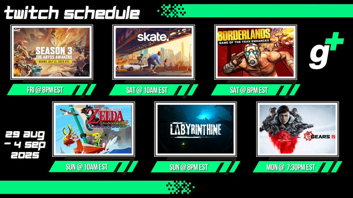 geeksplusmedia's tweet photo. #Twitch Schedule
Fri- #MarvelRivals
Sat AM- #Skate
Sat PM- #Borderlands
Sun AM- #ZeldaWindWaker
Sun PM- #Labyrinthine
Mon- #Gears5
#twitchstreamer #twitchaffiliate #Marvel #Borderlands4 #Zelda #WindWaker #GearsofWar #GearsofWar5 #gaming #games #videogames https://t.co/v56kgYh4uH