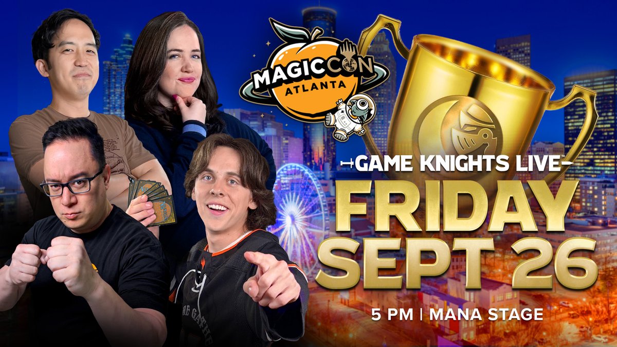 commandcast's tweet image. Game Knights Live is taking the South by storm @ #MCAtlanta!
Don't miss The Greatest Show in the Multiverse w/ special guest Jacob Bertrand (Cobra Kai) in a super-powered Commander battle for the ages.
It's just ONE MONTH AWAY! Grab a badge before they're gone:…
