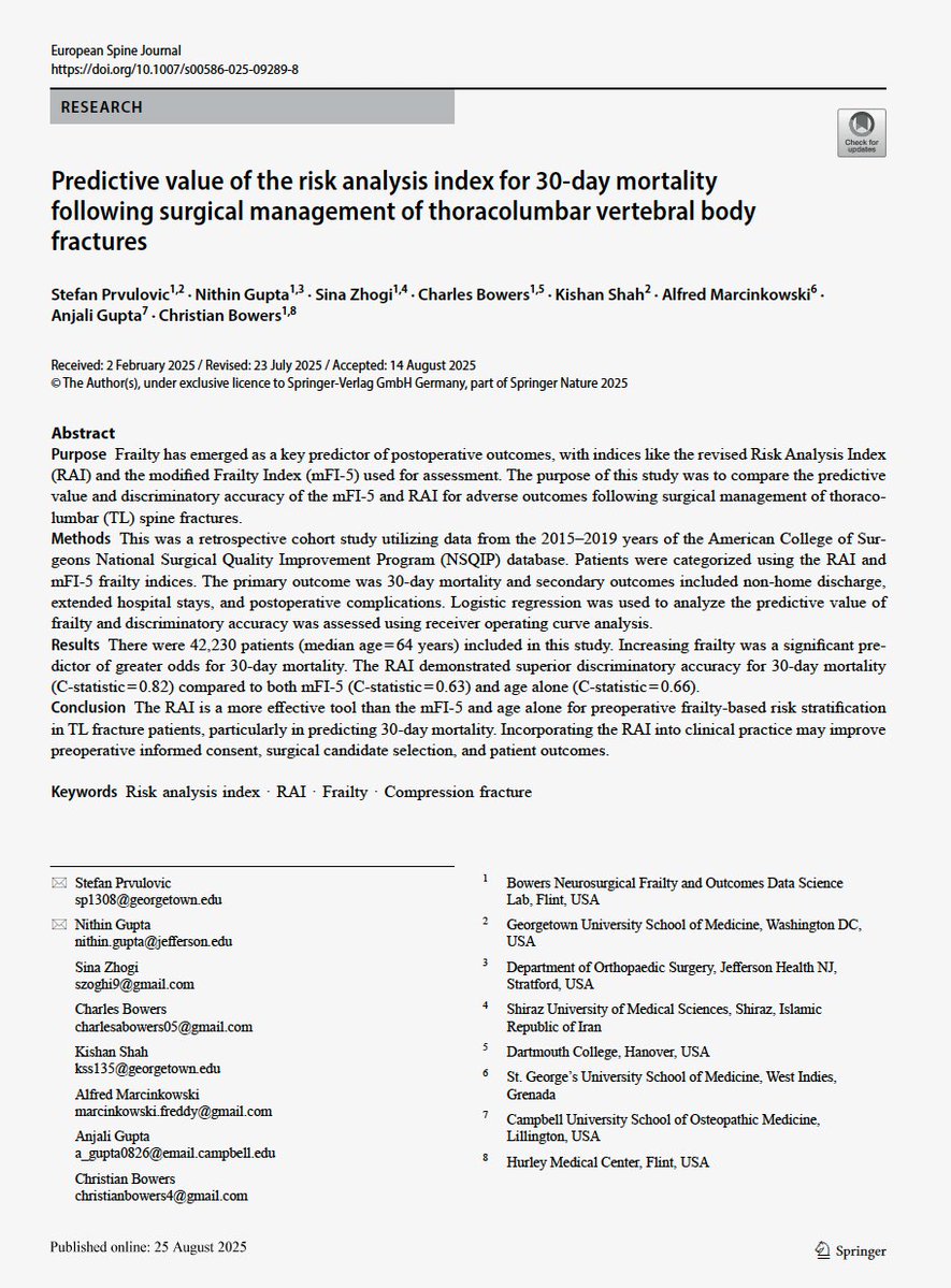 Stefan Prvulovic (@stefan_313) on Twitter photo New <a href="/EurSpineJournal/">European Spine J</a>: RAI outperforms mFI-5 in predicting 30-day mortality after thoracolumbar fracture surgery, offering enhanced risk stratification for frail patients.
Grateful for the support of <a href="/bowersbrainsurg/">Christian Bowers</a> <a href="/KishanSShah/">Kishan S. Shah</a> <a href="/nithingupta0210/">Nithin Gupta</a> <a href="/SinaZoghiMD/">Sina Zoghi</a> New <a href="/EurSpineJournal/">European Spine J</a>: RAI outperforms mFI-5 in predicting 30-day mortality after thoracolumbar fracture surgery, offering enhanced risk stratification for frail patients.
Grateful for the support of <a href="/bowersbrainsurg/">Christian Bowers</a> <a href="/KishanSShah/">Kishan S. Shah</a> <a href="/nithingupta0210/">Nithin Gupta</a> <a href="/SinaZoghiMD/">Sina Zoghi</a>