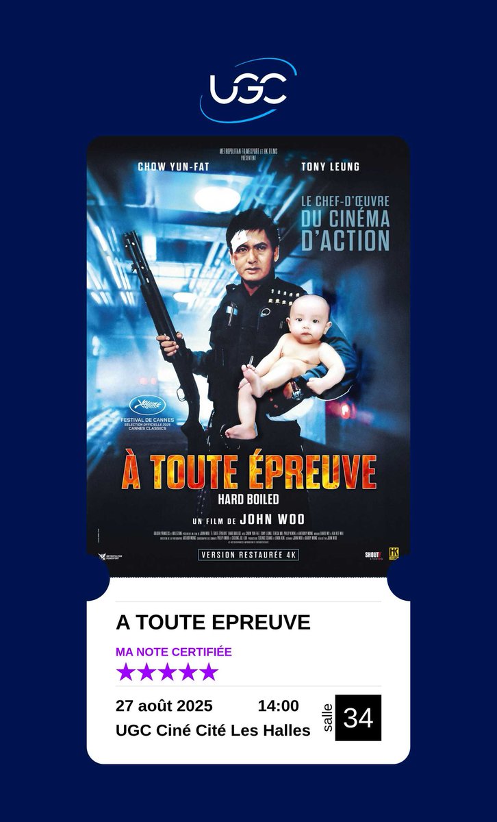 Voici mon nouveau billet dans ma collection UGC ! 
A toute épreuve, film de 1993 😍
Vu cet après midi à ⁦<a href="/UGCcinemas/">UGC</a>⁩ Les Halles 
De l’action, et encore de l’action 👌
Tu peux en savoir plus sur le film ici : ugc.fr/film_45.html
