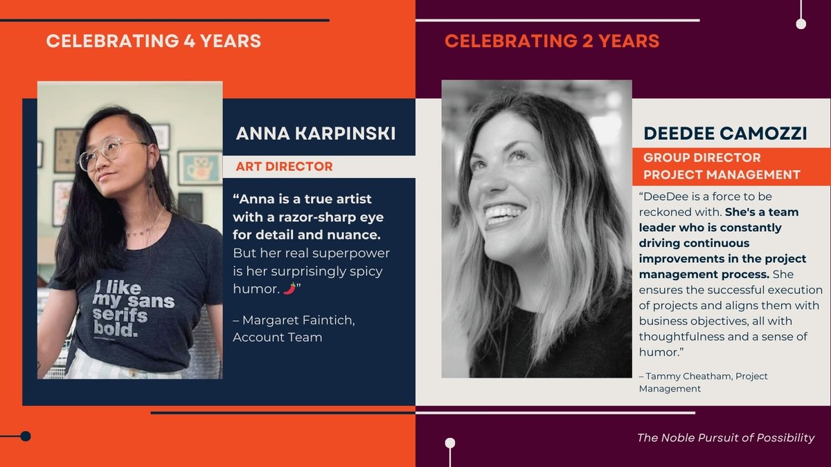 Celebrating our August anniversaries! 👏 Thank you all for your dedication, creativity and drive to make our work incredible.

DeJuan Waters | 14 years
Donna Guarriello | 10 years
Jeremy Leber | 5 years
Eric Tatham | 5 years
Anna Karpinski | 4 years
DeeDee Camozzi | 2 years