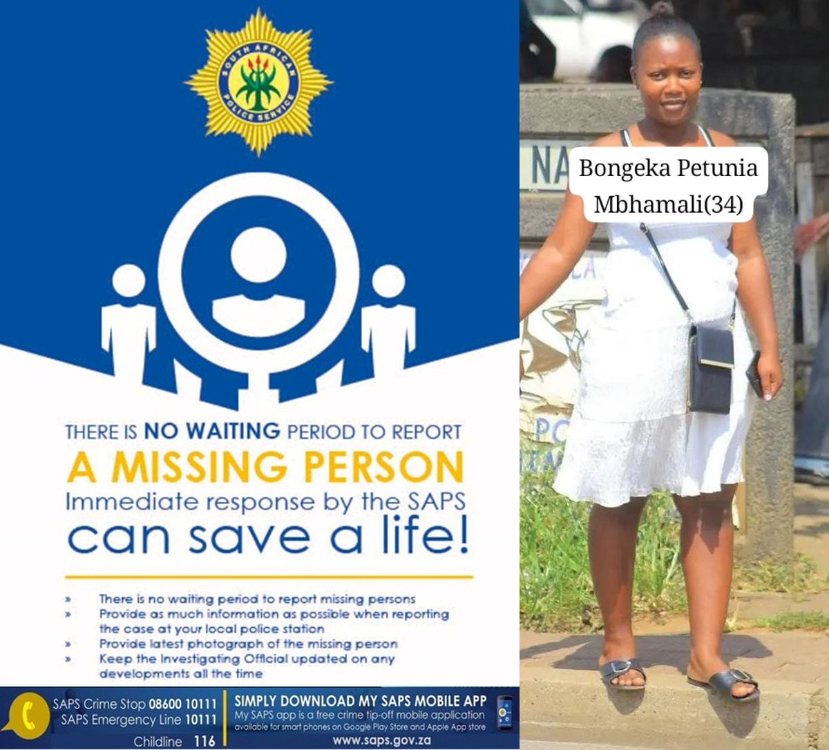 SAPoliceService's tweet photo. RT #sapsMP Help Police locate Bongeka Petunia Mbhamali (34) from Belfast. She has been missing since 14/08 when she left to visit her homestead in Mbazwane at KwaZulu-Natal. She was reportedly last seen at Mbazwane Taxi rank however, she never reached her homestead. Info->D/Sgt Rose Magagula on 078 047 4575. #CrimeStop #MySAPSApp ME
https://t.co/QdL4183qaY
