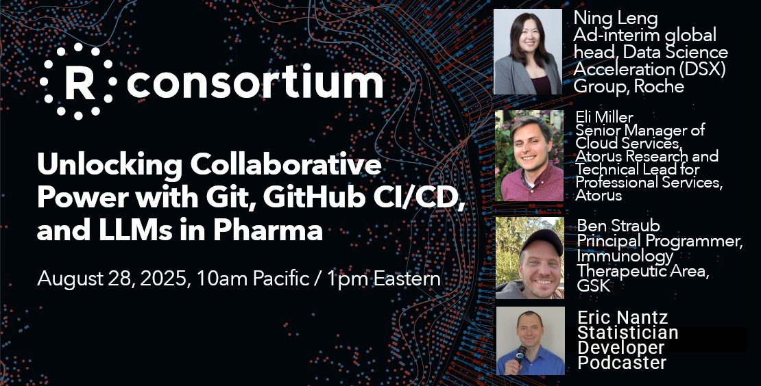 RConsortium's tweet image. 🚀 TOMORROW! R Consortium webinar: Unlocking Collaborative Power with Git, GitHub CI/CD &amp;amp; LLMs in Pharma

📅 r-consortium.org/webinars/unloc…

#RStats #ClinicalTrials #GitHub #Pharma #OpenSource