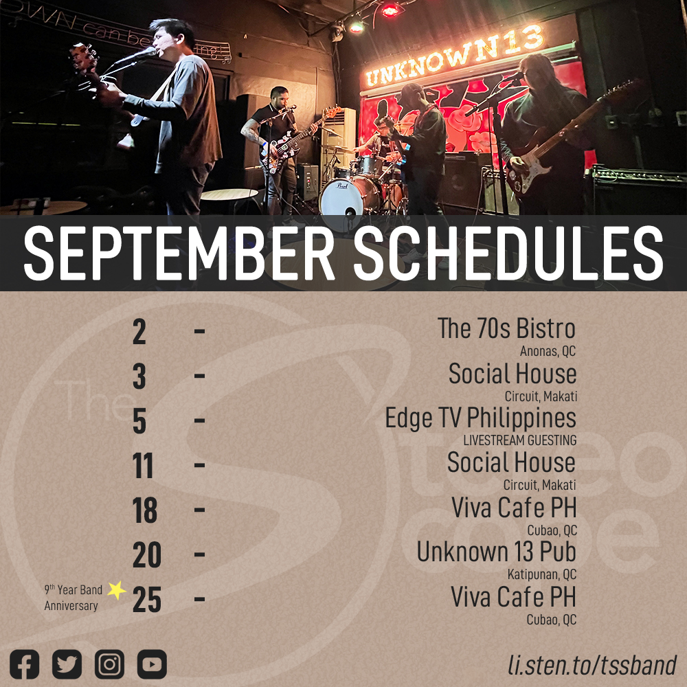 StereoScope's tweet photo. Ber months na!

Here’s our September gig lineup:

Sept 2 @ The 70s Bistro, QC
Sept 3 &amp; 11 @ Social House, Makati
Sept 5 @ Edge TV PH (LIVE)
Sept 18 &amp; 25 (9th Anniv) @ Viva Cafe PH, QC
Sept 20 @ Unknown 13 Pub, QC

Join us!

https://t.co/wdgmROs7GY

#TheStereoScope #OPM https://t.co/nGXzgfyTWk