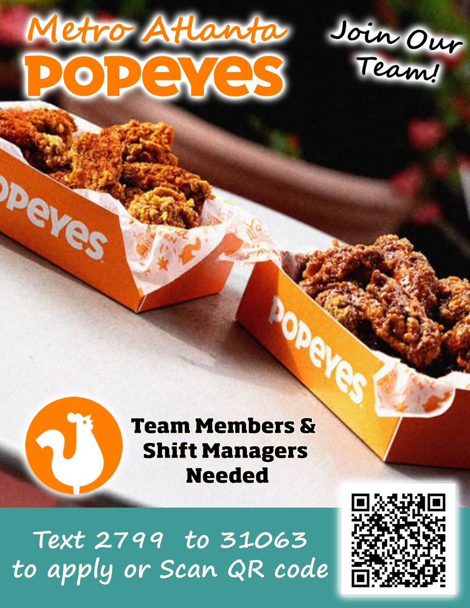 FunkyChickenATL's tweet image. 💥 Serve Flavor. Build Your Future. Now Hiring in Atlanta!📈
 We’re serving up opportunities as hot as our chicken, and YOU could be the next big flavor on the team!
📲 Apply today: workstream.us/j/74bf9108/pop…
#PopeyesJobs #AtlantaJobs #NowHiringATL #JoinTheFlavor